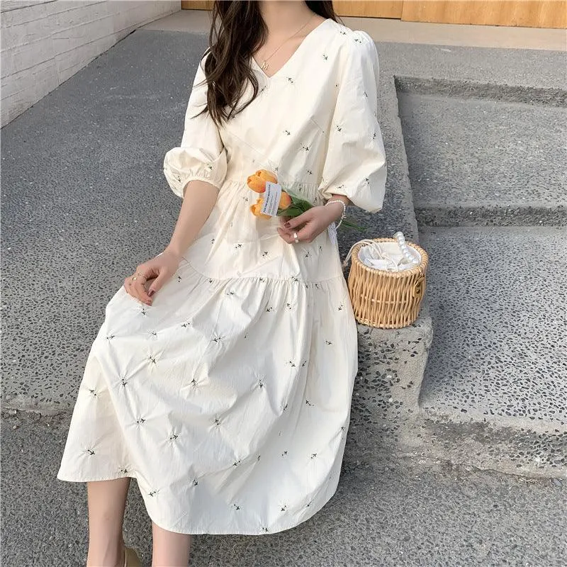 Summer New Maternity Dress Embroidered Mid-Length High Waist Maternity Dress