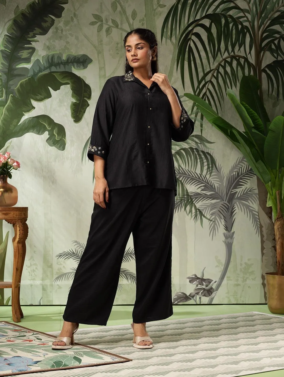 Swastika Plus Size Black Muslin Embroidered Co-Ord Set