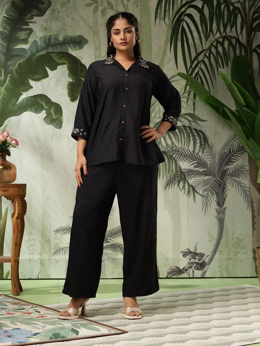 Swastika Plus Size Black Muslin Embroidered Co-Ord Set