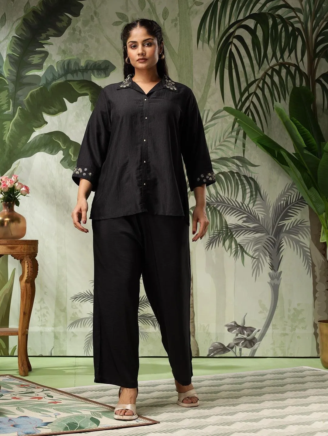 Swastika Plus Size Black Muslin Embroidered Co-Ord Set