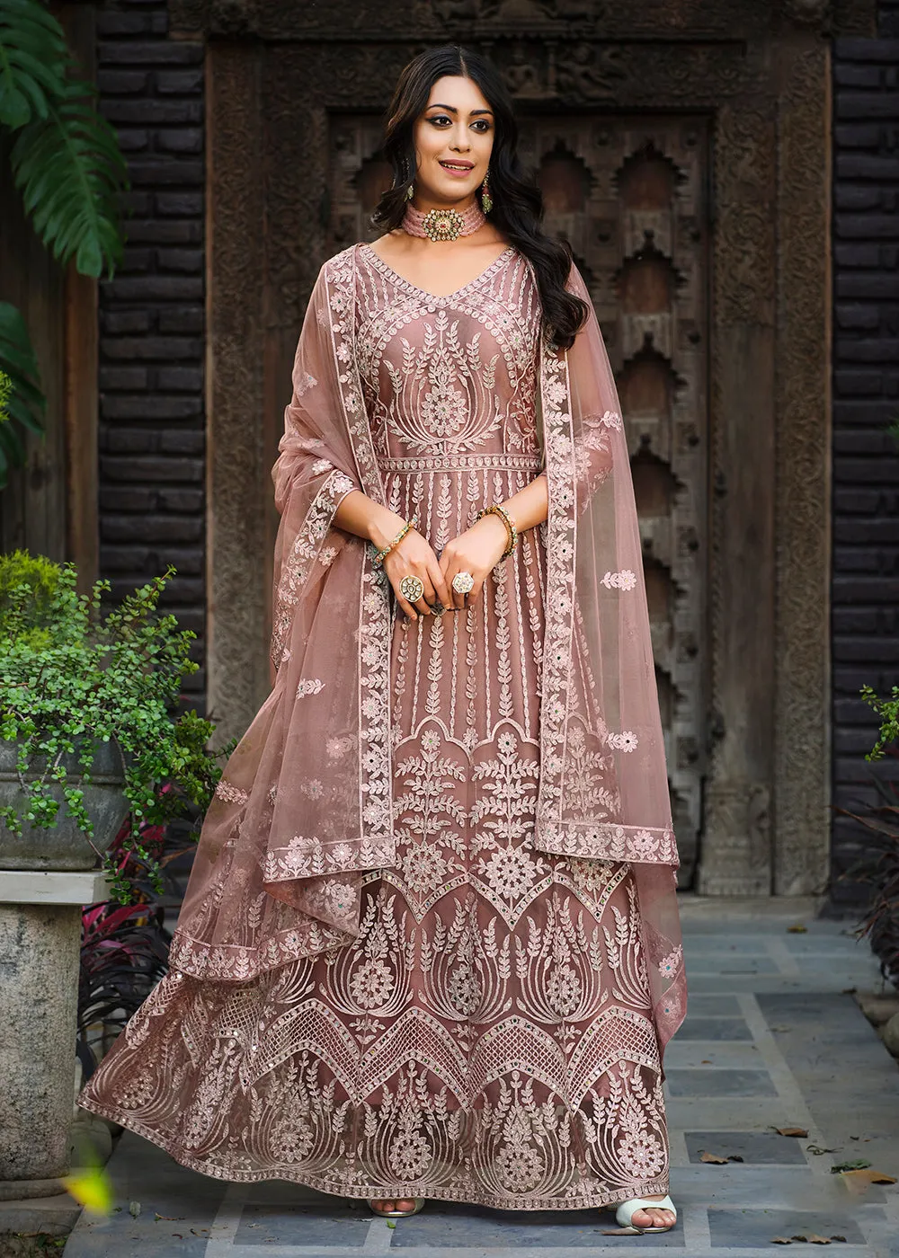 Thread Stone Embroidered Stunning Mauve Wedding Anarkali Suit