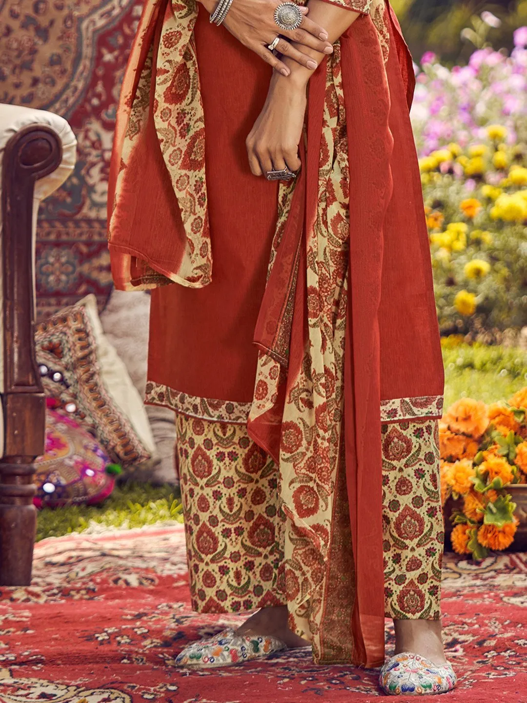 Unstitched Cotton Embroidered Orange Salwar Kameez Suit Set