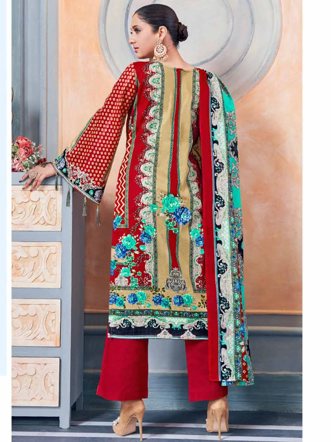 Unstitched Pakistani Print Cotton Suit Fabric with Embroidery Red