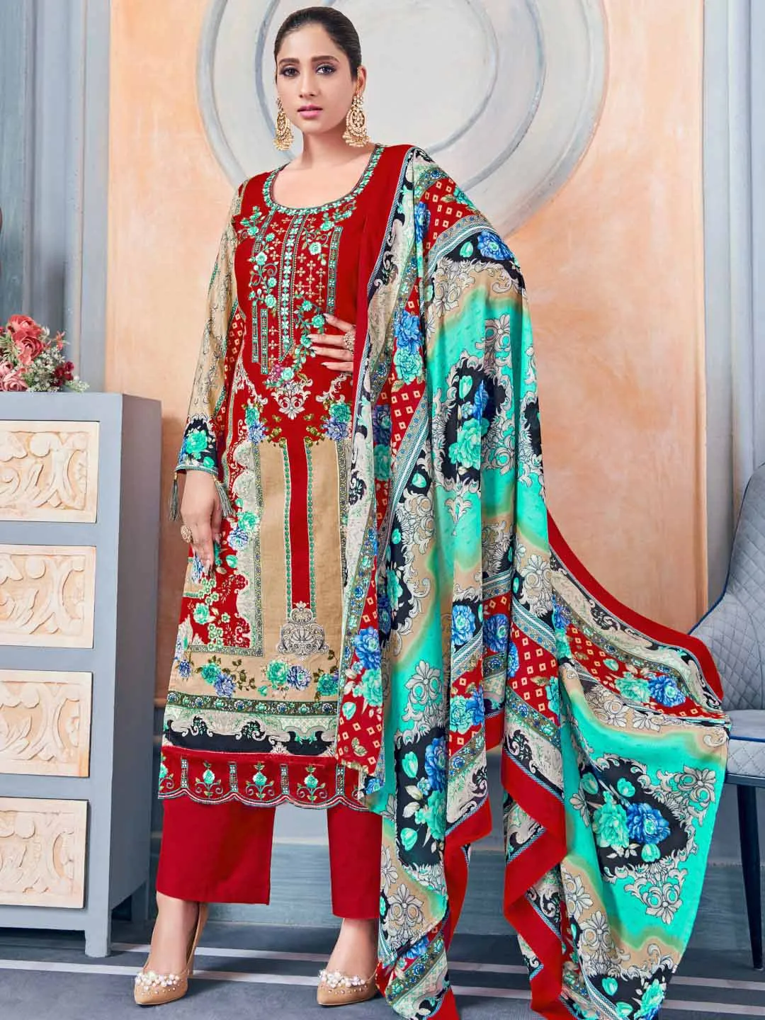 Unstitched Pakistani Print Cotton Suit Fabric with Embroidery Red