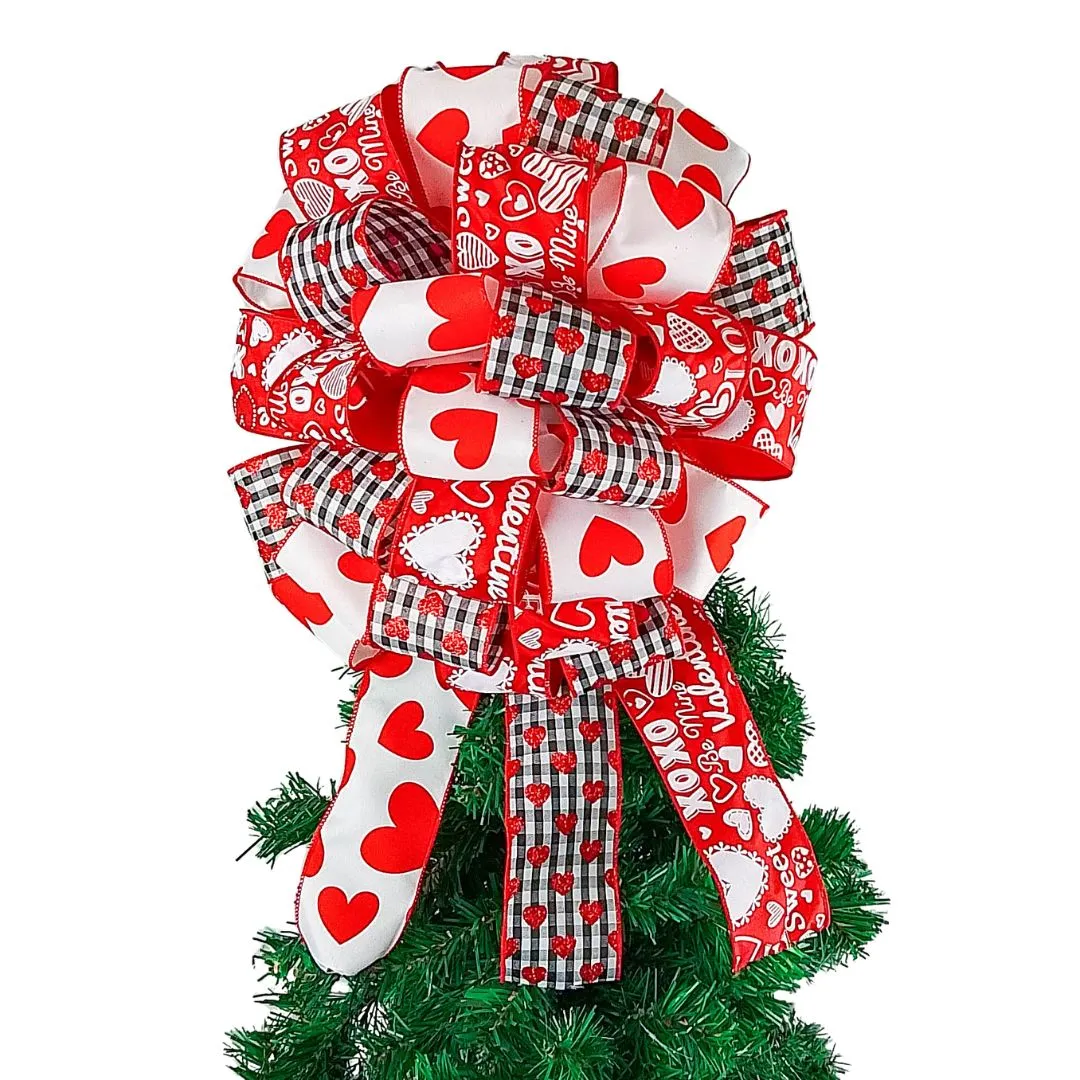 Valentines Tree Bow, Wired Ribbon Decoration, Red and White Heart Pattern