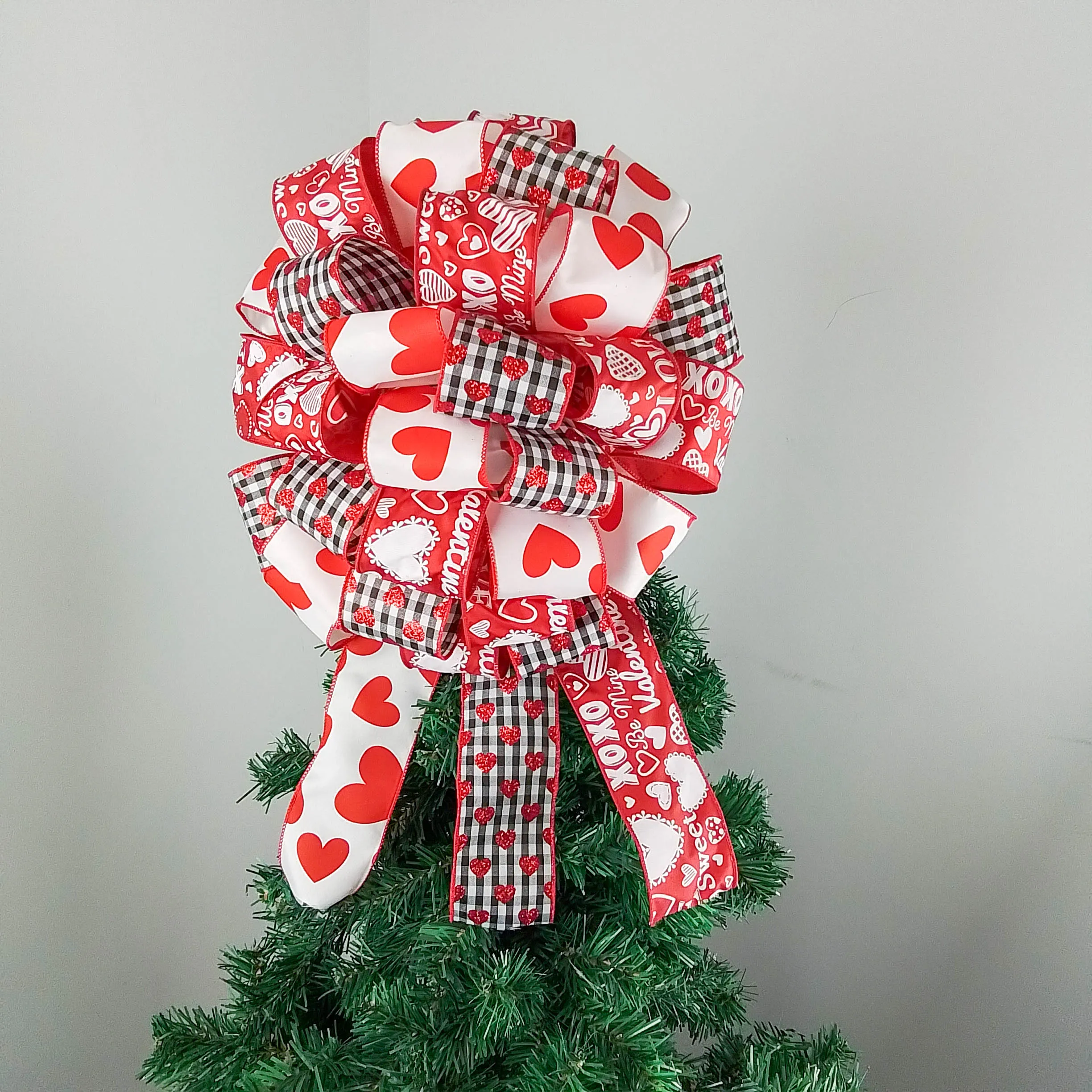 Valentines Tree Bow, Wired Ribbon Decoration, Red and White Heart Pattern