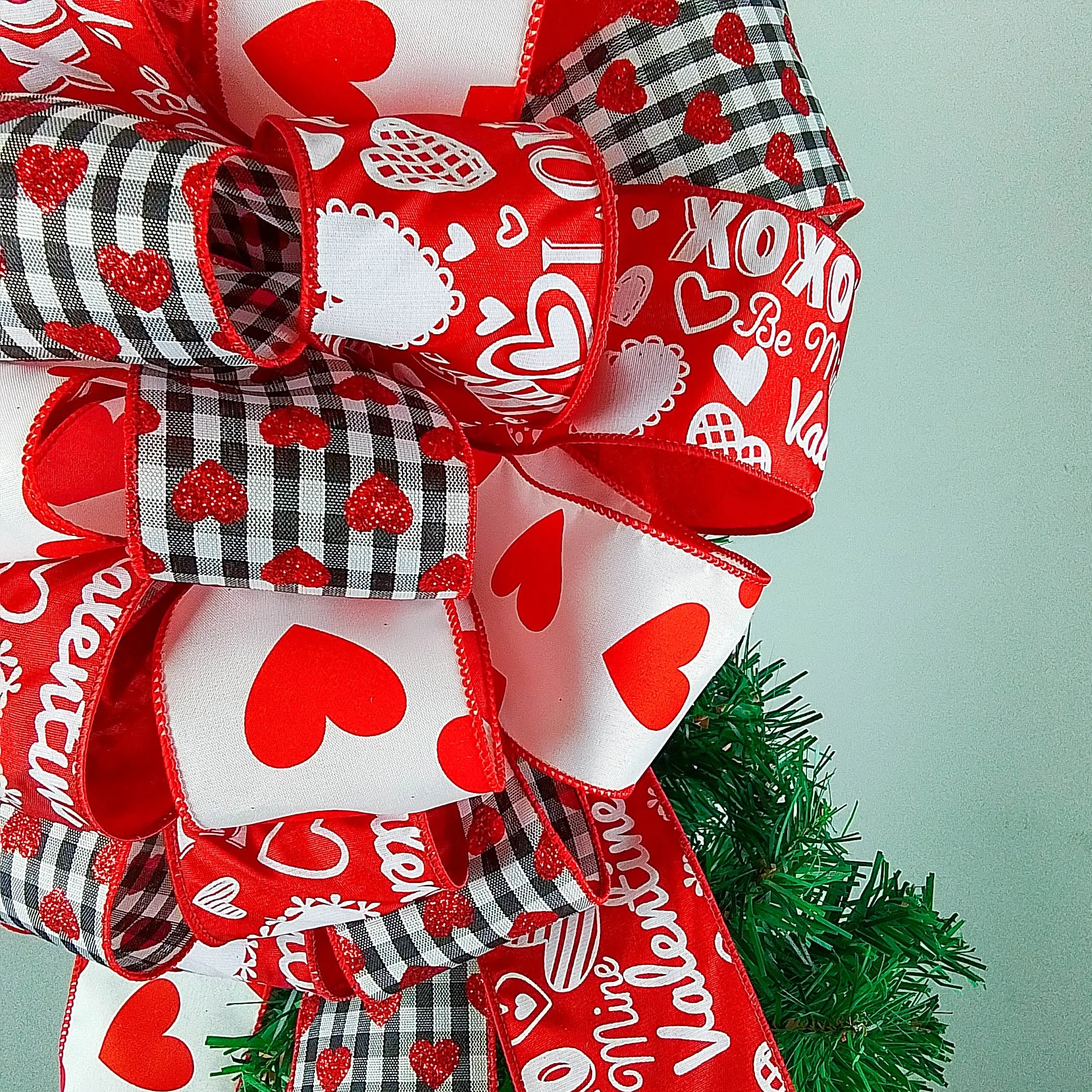 Valentines Tree Bow, Wired Ribbon Decoration, Red and White Heart Pattern