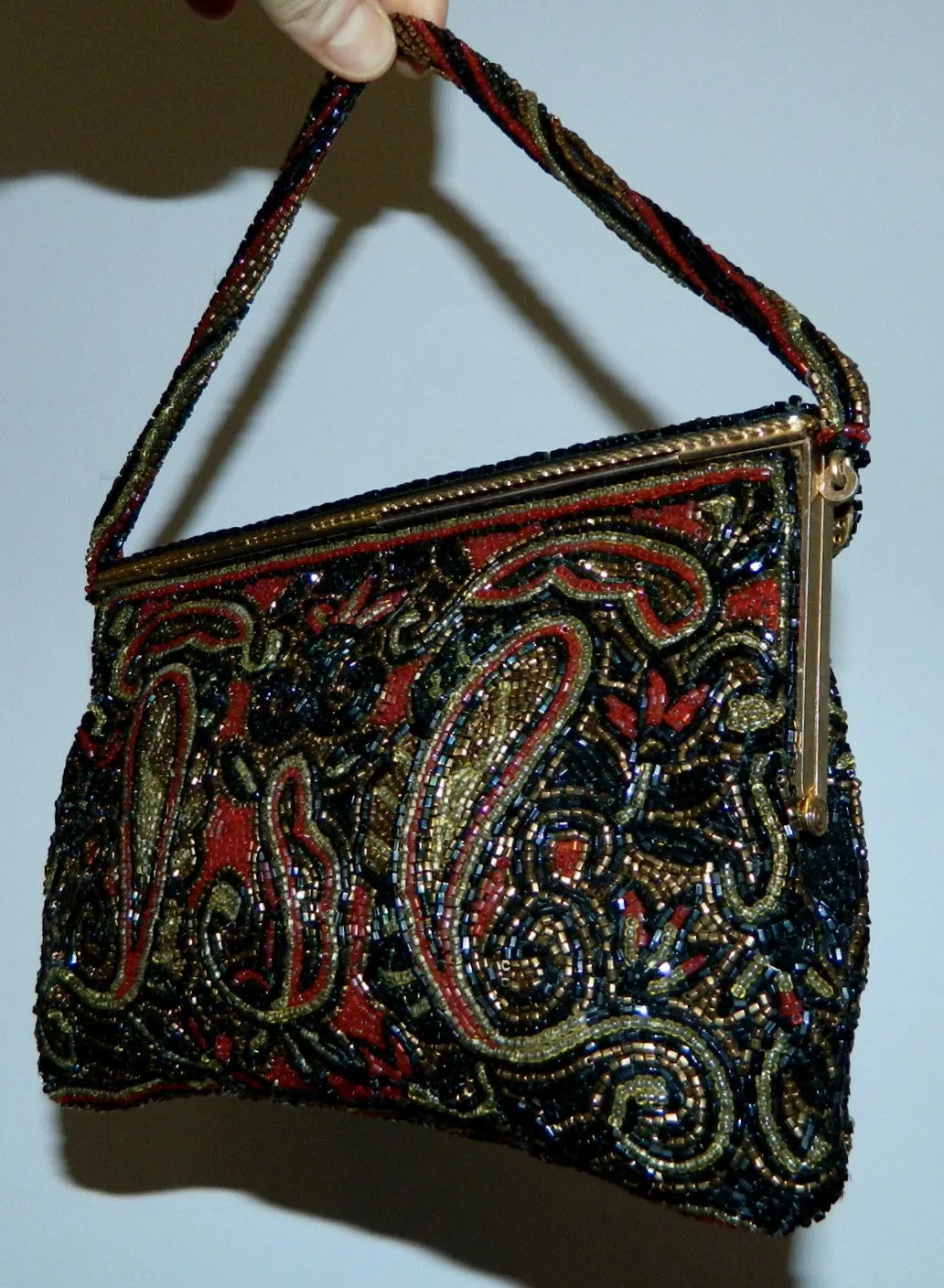 vintage black beaded evening bag 1950s WALBORG paisley clutch handbag