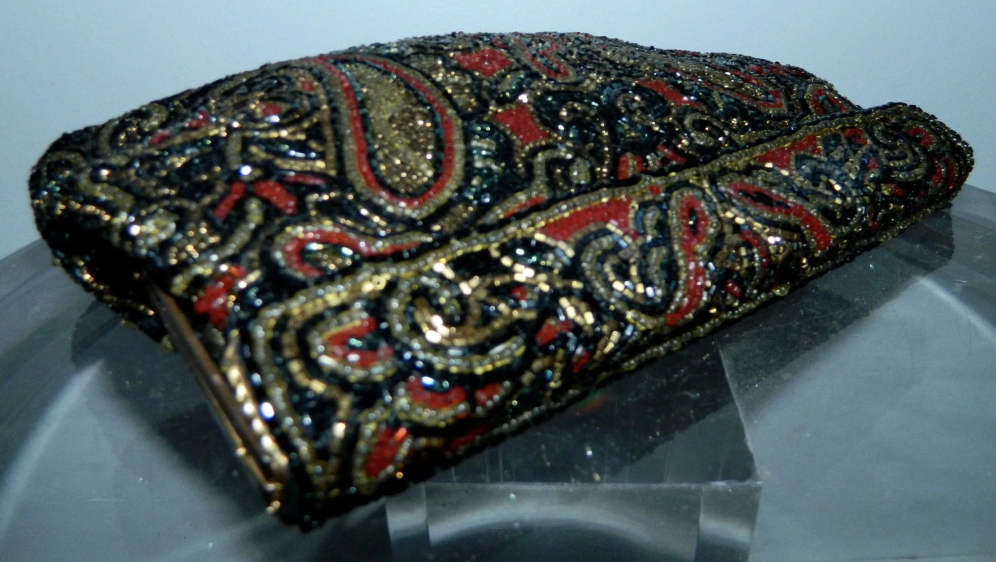 vintage black beaded evening bag 1950s WALBORG paisley clutch handbag