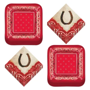 Western Party Red Bandana Paper Dessert Plates and Cowboy Napkins (Serves 16)