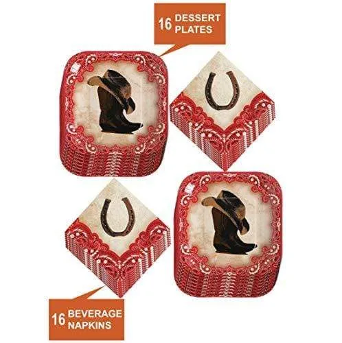 Western Party Supplies - Cowboy Hat and Boot Paper Dessert Plates and Horseshoe Beverage Napkins (Serves 16)