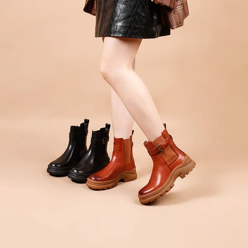 Womens Retro Leather Ankle Boots Snow Boots Have Fleece Lined for Cold Winter in Black/Brown