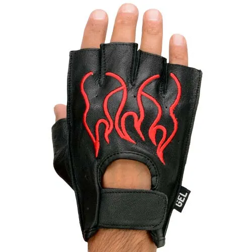 Xelement XG198 Men's Embroidered 'Flamed' Fingerless Black and Red