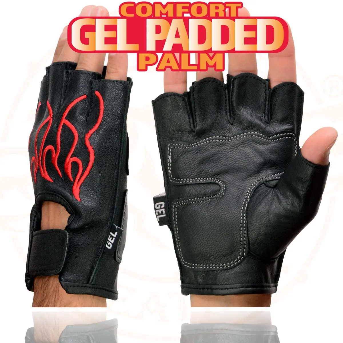 Xelement XG198 Men's Embroidered 'Flamed' Fingerless Black and Red