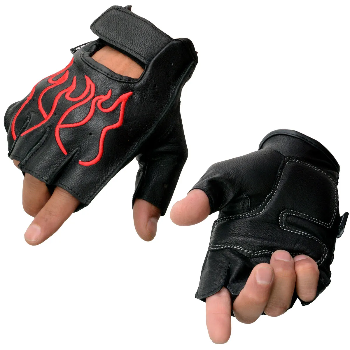 Xelement XG198 Men's Embroidered 'Flamed' Fingerless Black and Red