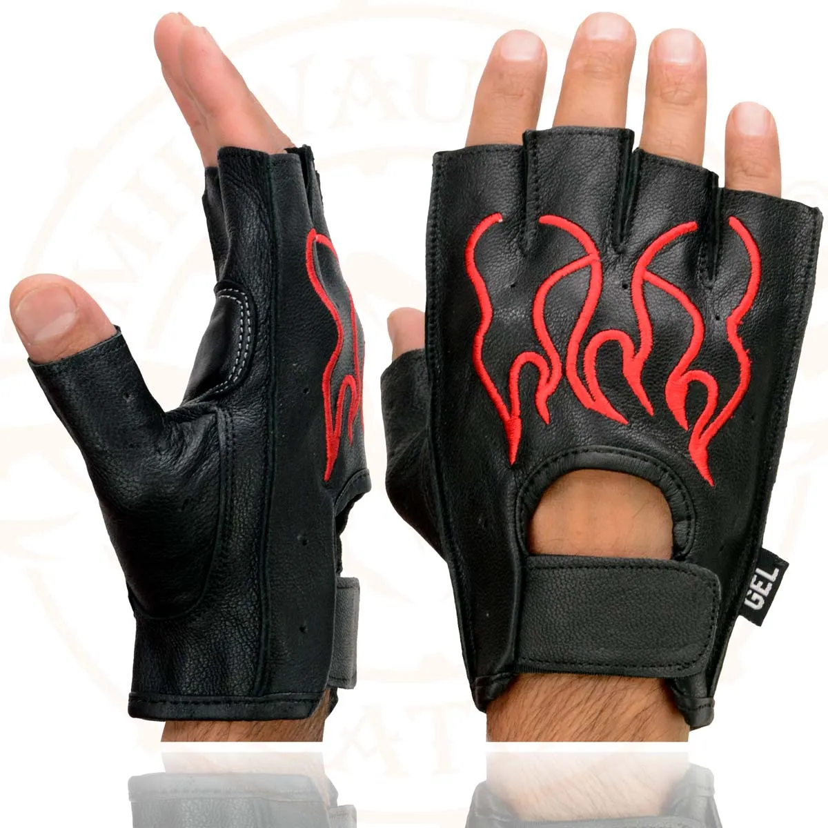 Xelement XG198 Men's Embroidered 'Flamed' Fingerless Black and Red